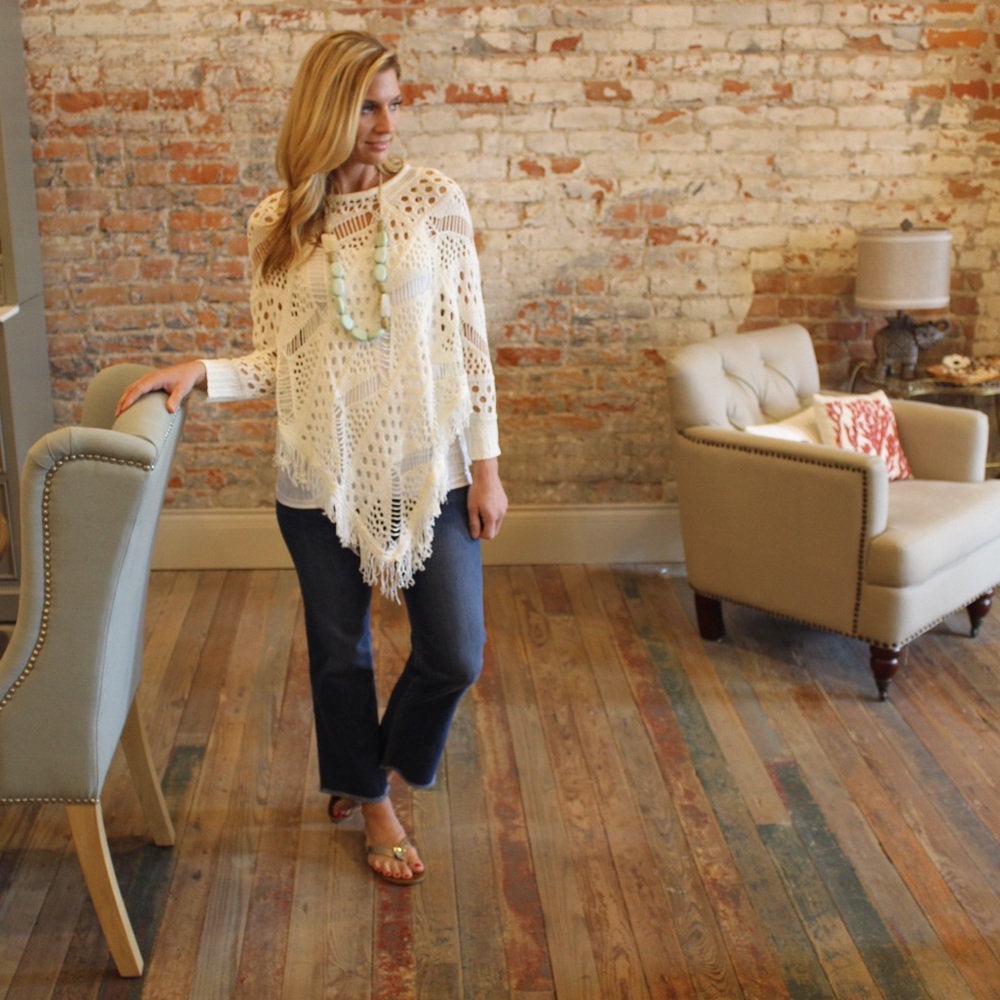 Ivory crochet open knit fringe tunic